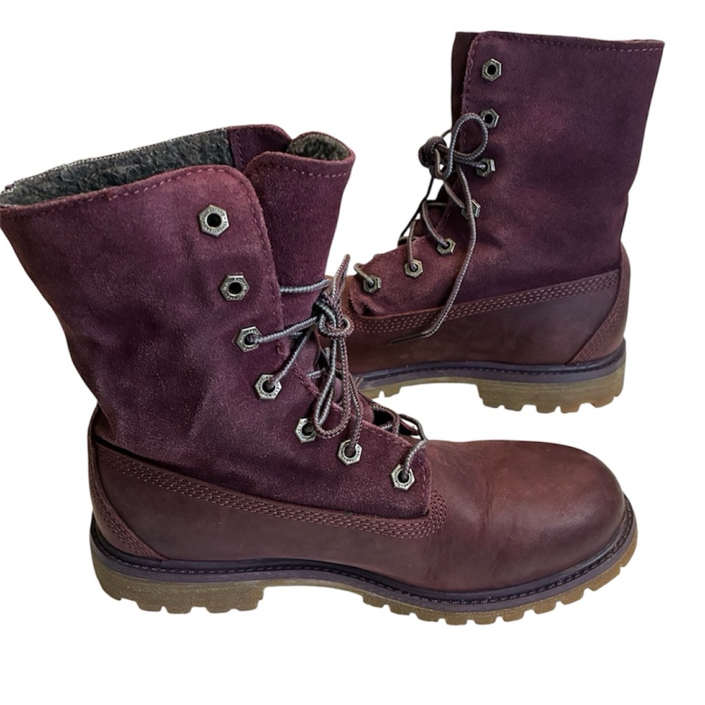 Timberland Boots Sz 6.5 Burgundy Suede Leather Shearling Lined Waterproof